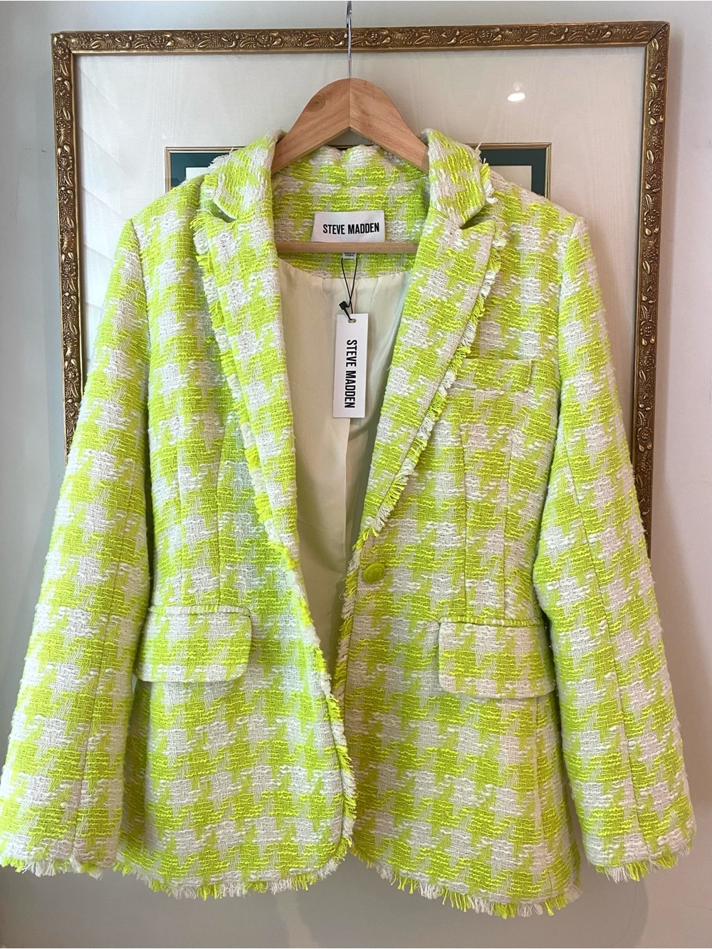 Steve Madden Neon Green and White Houndstooth Tweed Blazer